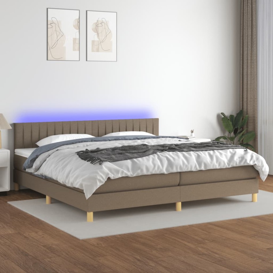Cama box spring con colchón LED tela gris taupe 200x200