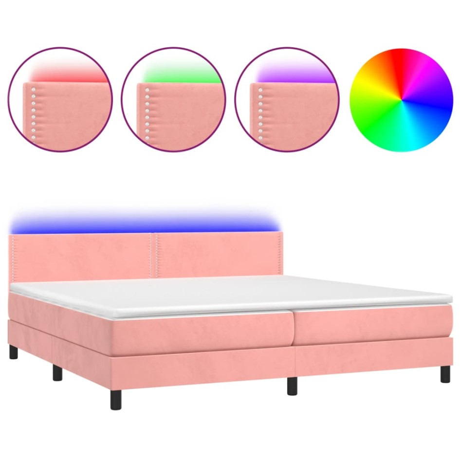 Cama box spring colchón y LED terciopelo rosa 200x200