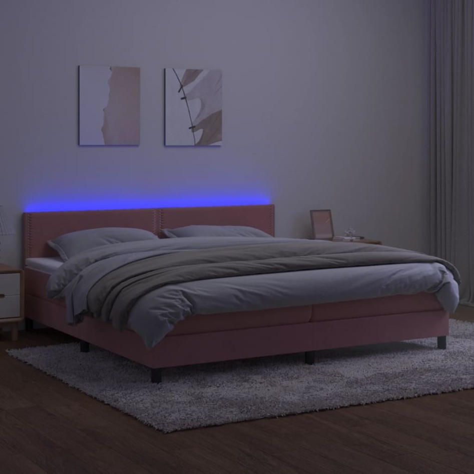 Cama box spring colchón y LED terciopelo rosa 200x200