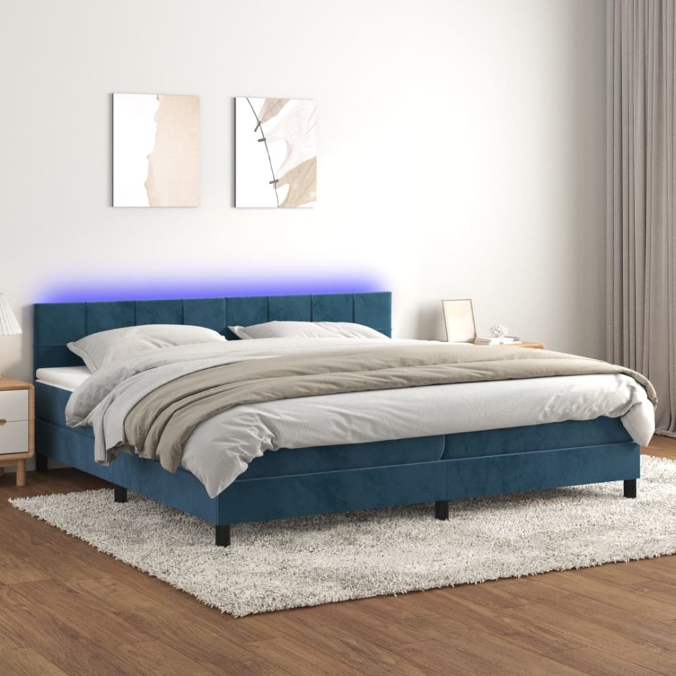 Cama box spring colchón y LED terciopelo azul oscuro 200x200
