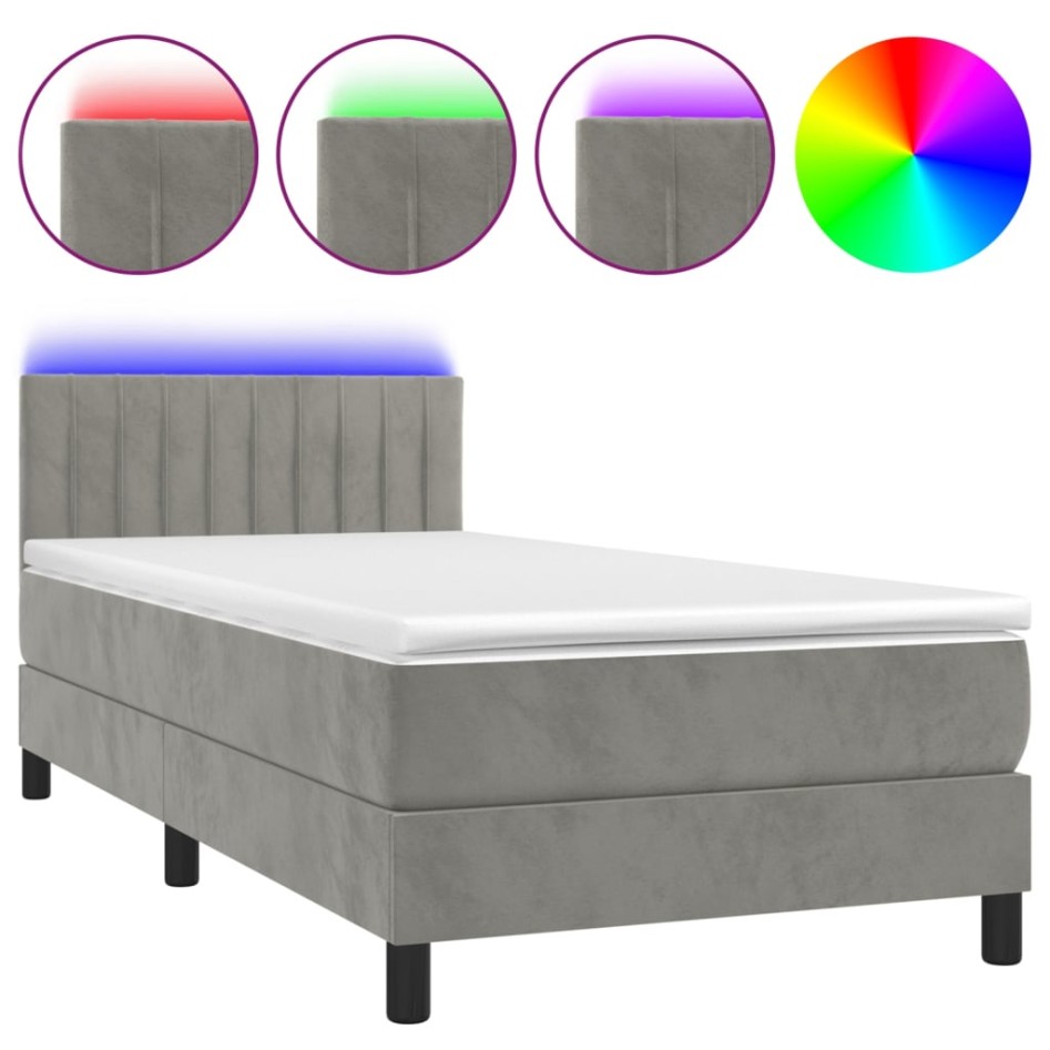 Cama box spring colchón y LED terciopelo gris claro 90x200