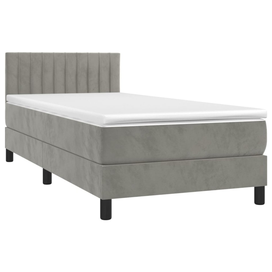 Cama box spring colchón y LED terciopelo gris claro 90x200