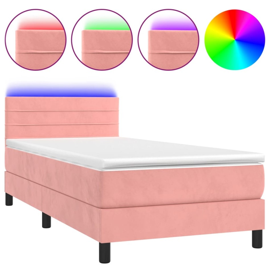 Cama box spring colchón y LED terciopelo rosa 100x200