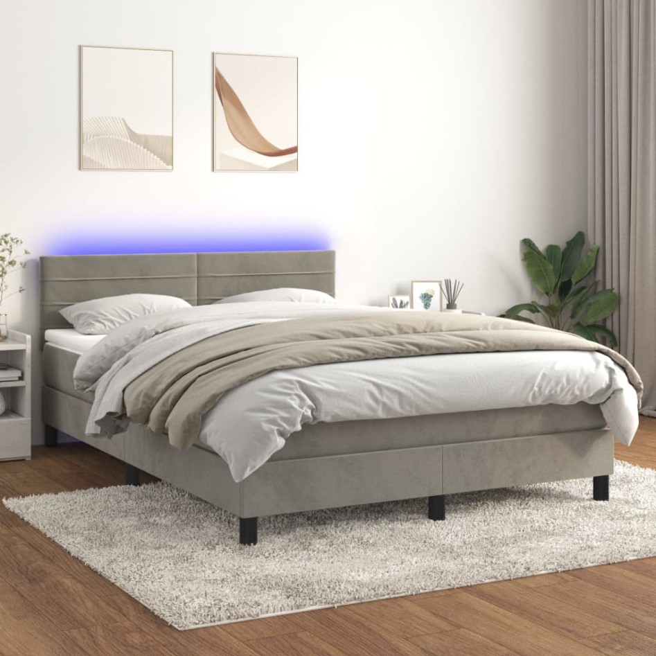 Cama box spring colchón y LED terciopelo gris claro 140x200