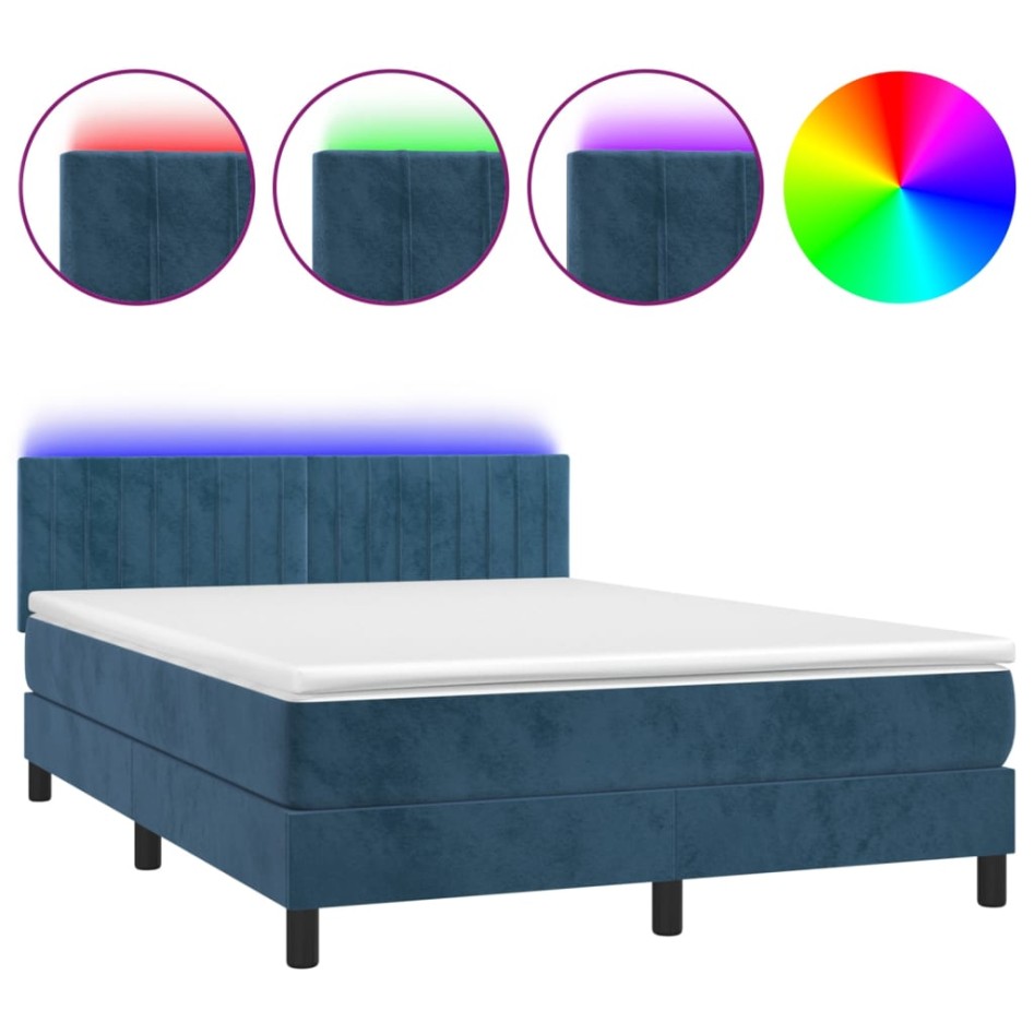 Cama box spring colchón y LED terciopelo azul oscuro 140x200