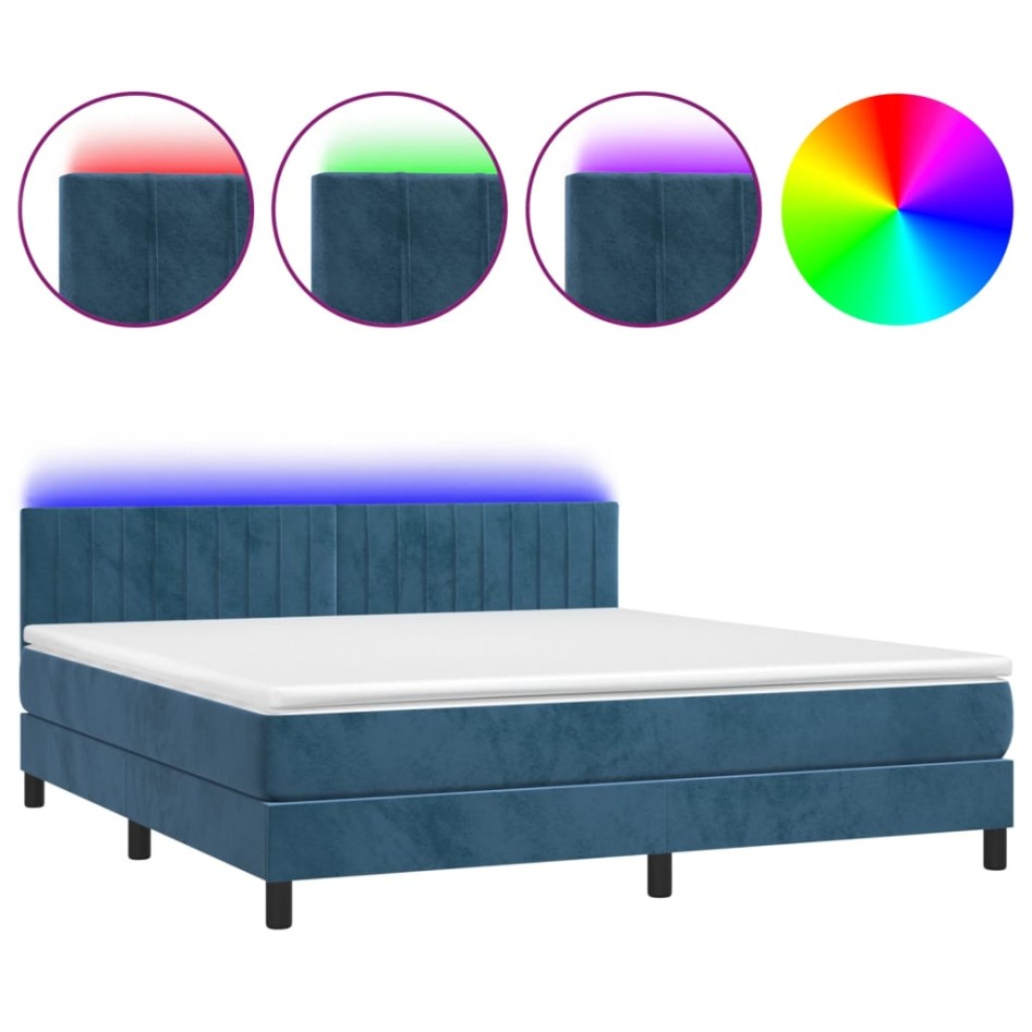 Cama box spring colchón y LED terciopelo azul oscuro 180x200