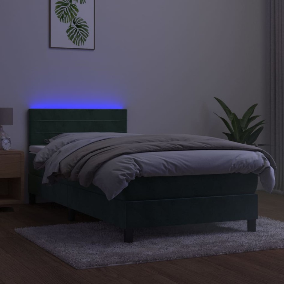 Cama box spring colchón y LED terciopelo verde oscuro