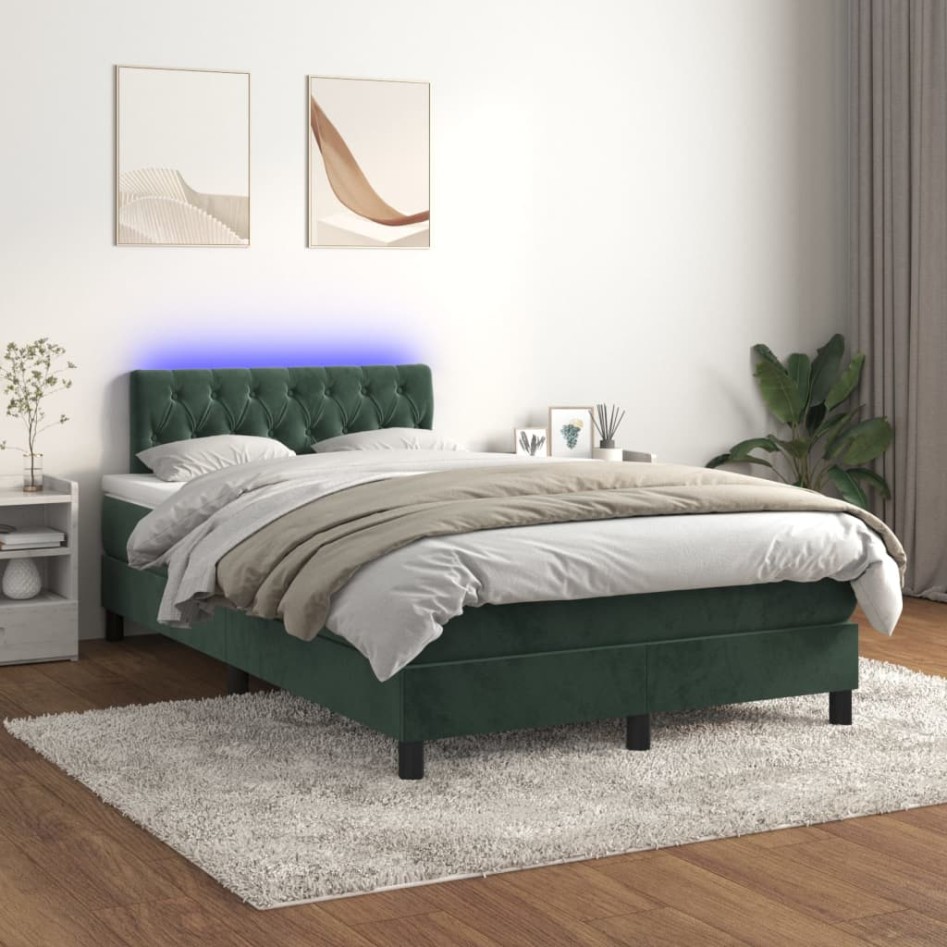 Cama box spring colchón y LED terciopelo verde oscuro