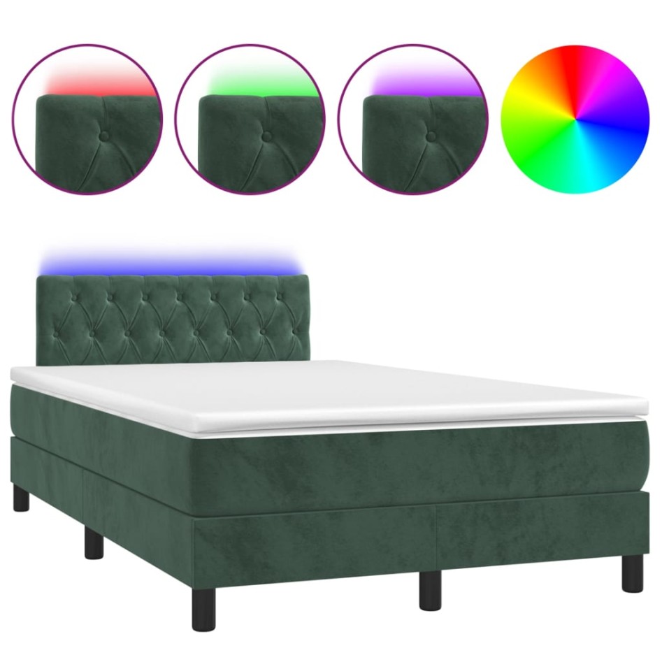 Cama box spring colchón y LED terciopelo verde oscuro