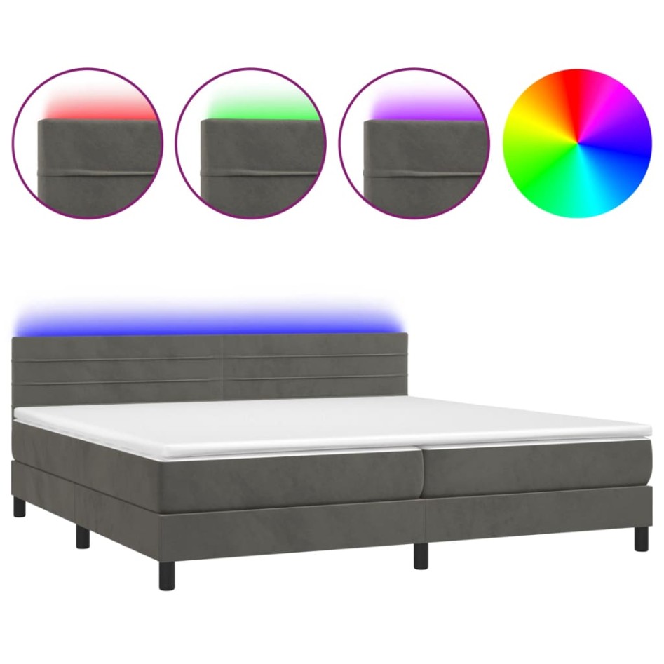 Cama box spring colchón y LED terciopelo gris oscuro 200x200