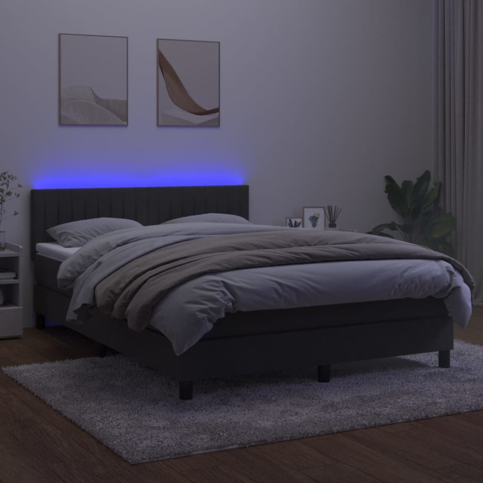 Cama box spring colchón y LED terciopelo gris oscuro 140x190