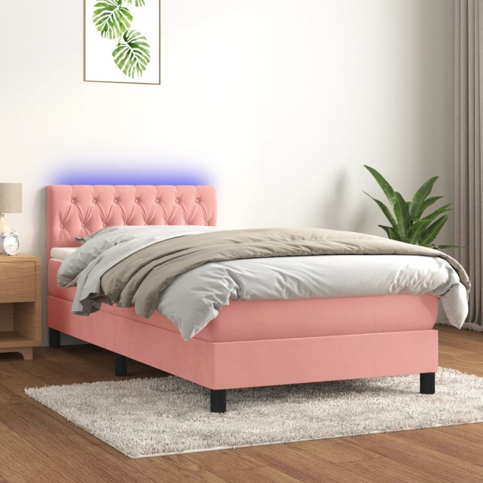 Cama box spring colchón y LED terciopelo rosa 90x190