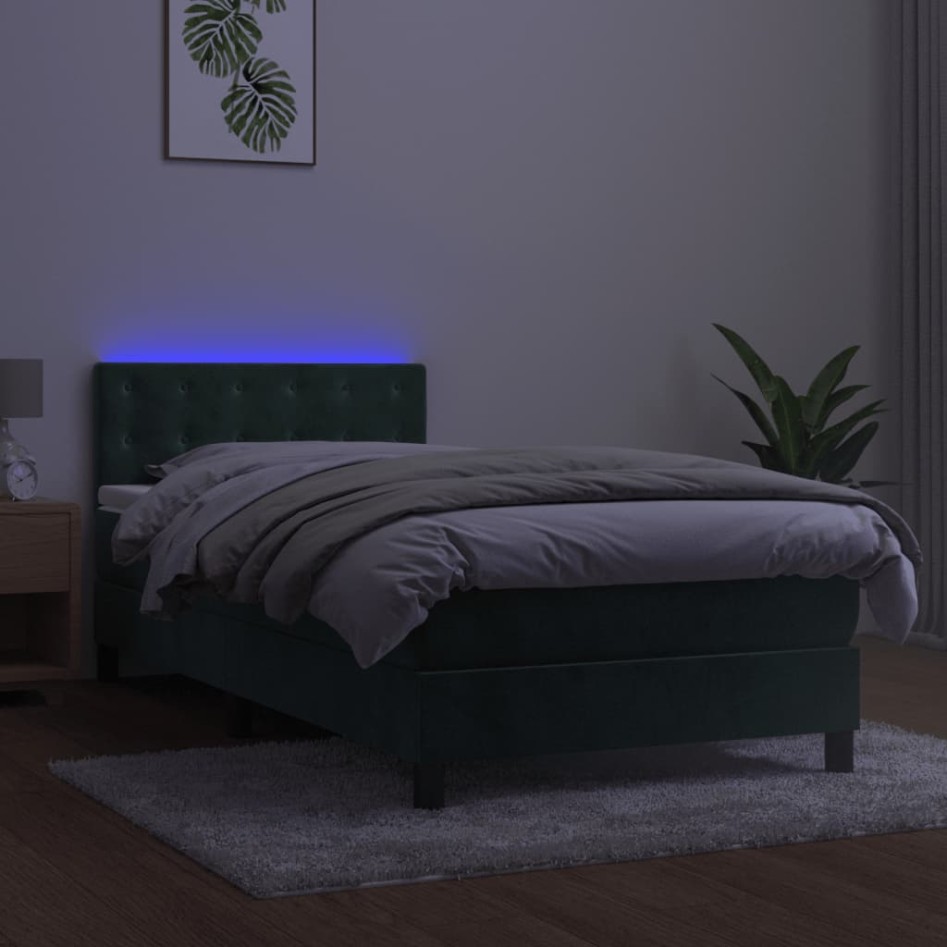 Cama box spring colchón y LED terciopelo verde oscuro 90x200