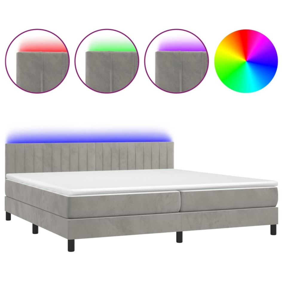 Cama box spring colchón y LED terciopelo gris claro 200x200