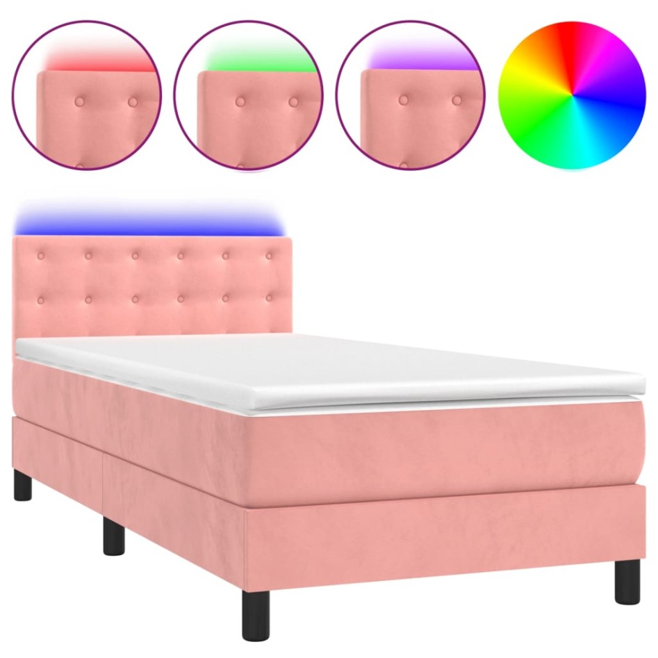 Cama box spring colchón y LED terciopelo rosa 100x200