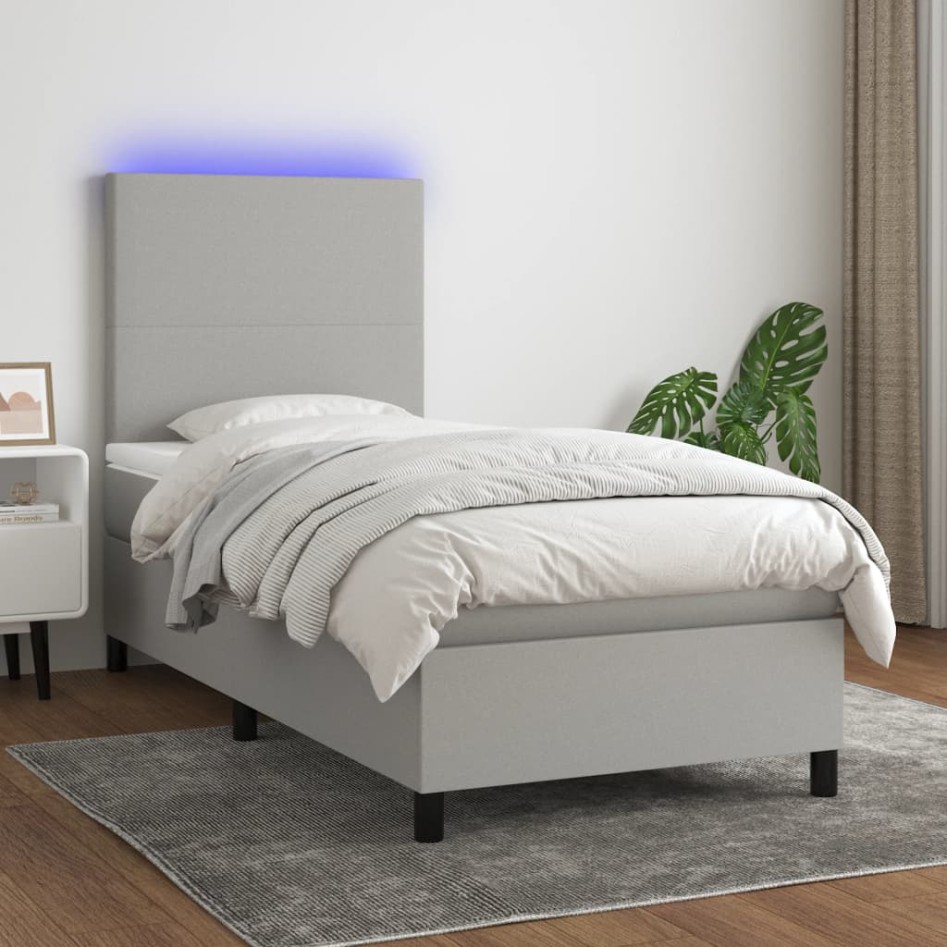 Cama box spring colchón y luces LED tela gris claro 100x200