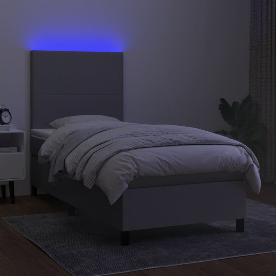 Cama box spring colchón y luces LED tela gris claro 100x200