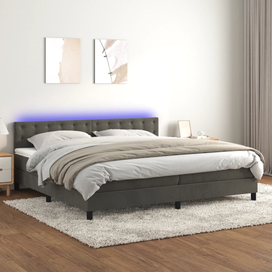 Cama box spring colchón y LED terciopelo gris oscuro 200x200