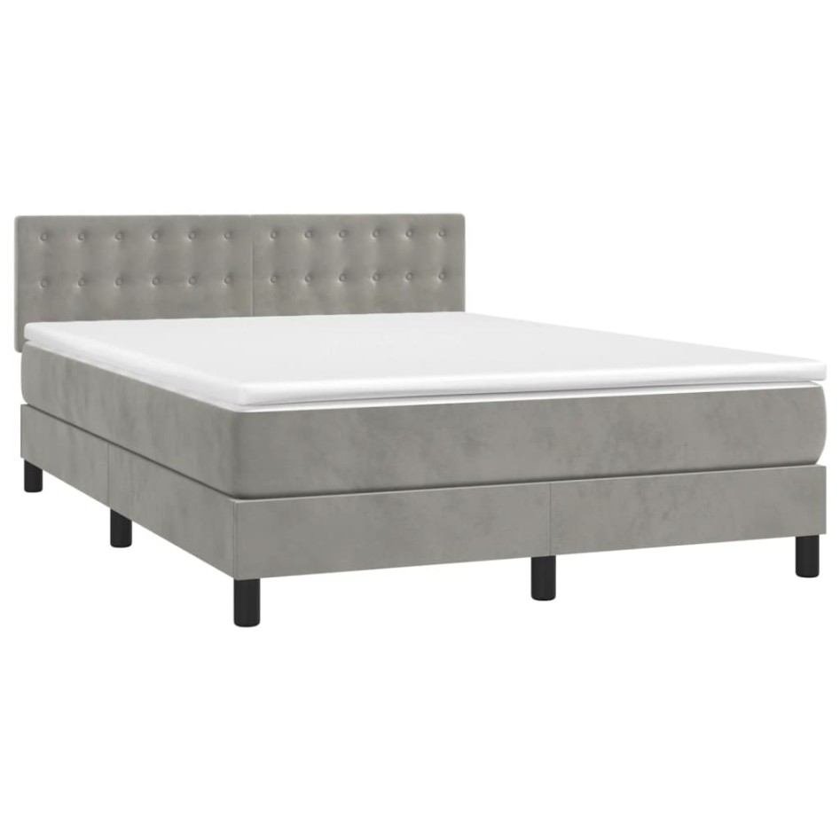 Cama box spring colchón y LED terciopelo gris claro 140x200