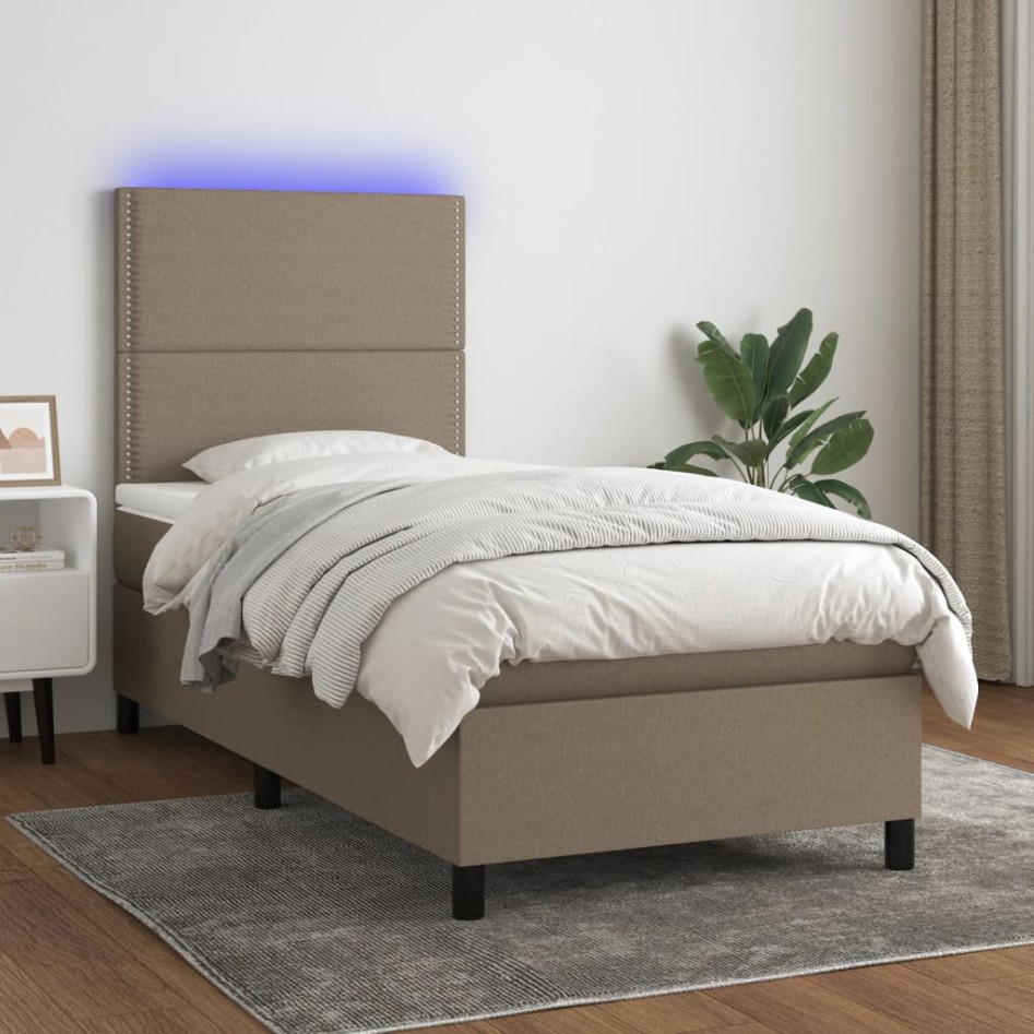 Cama box spring colchón y luces LED tela gris taupe 90x190