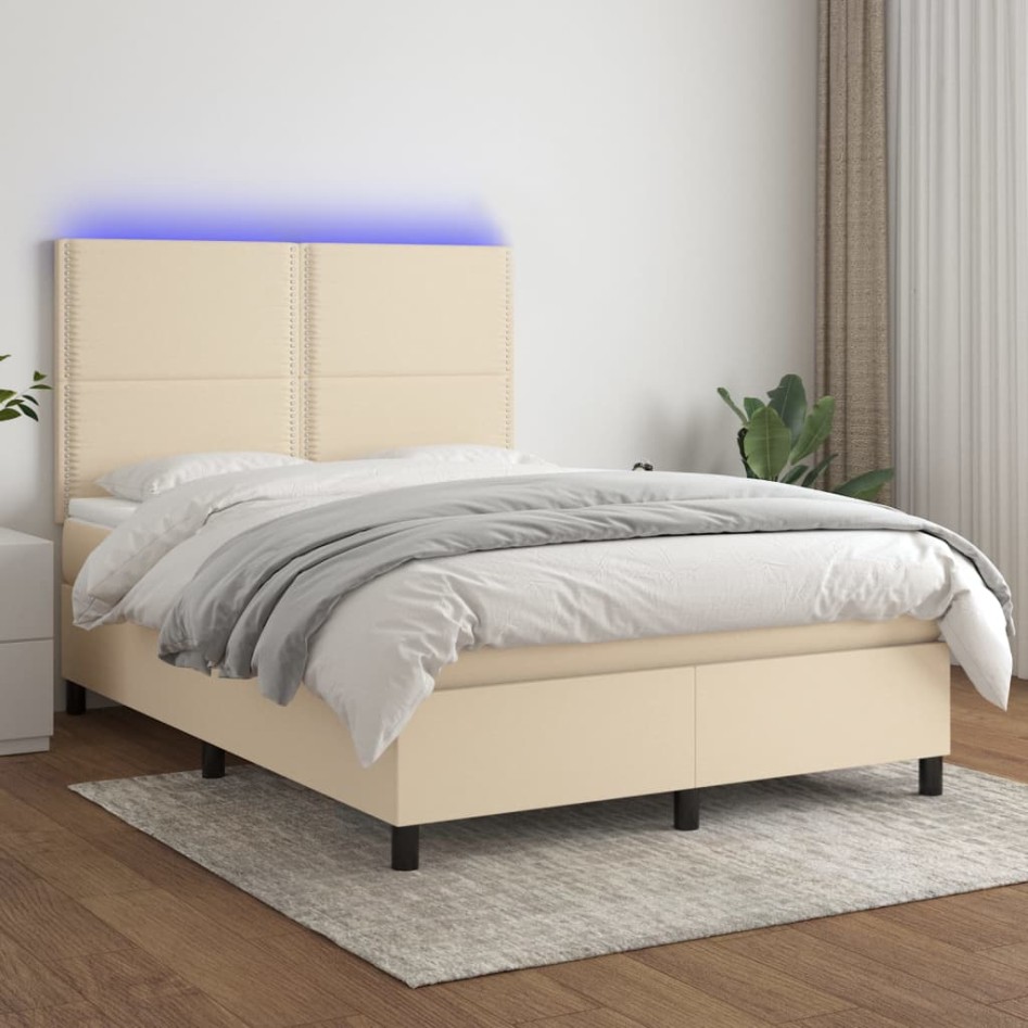 Cama box spring colchón y luces LED tela crema 140x190