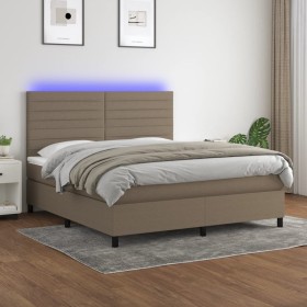 Cama box spring colchón y luces LED tela gris taupe 160x200