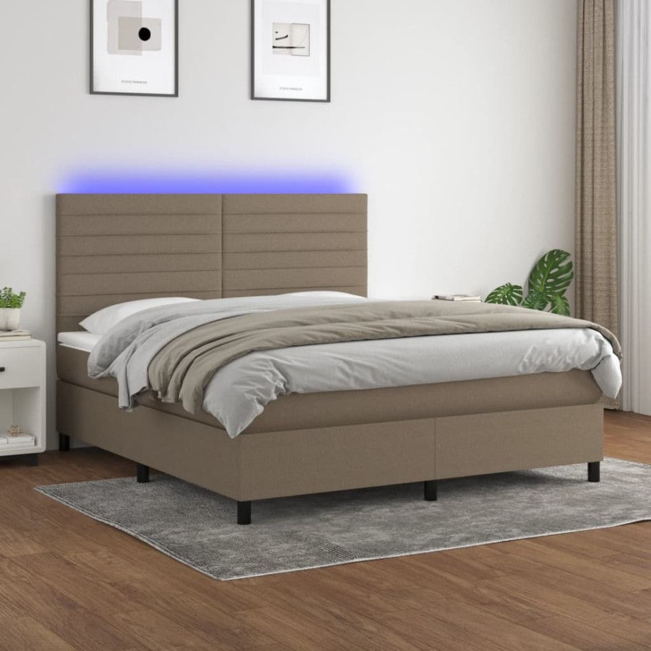 Cama box spring colchón y luces LED tela gris taupe 160x200