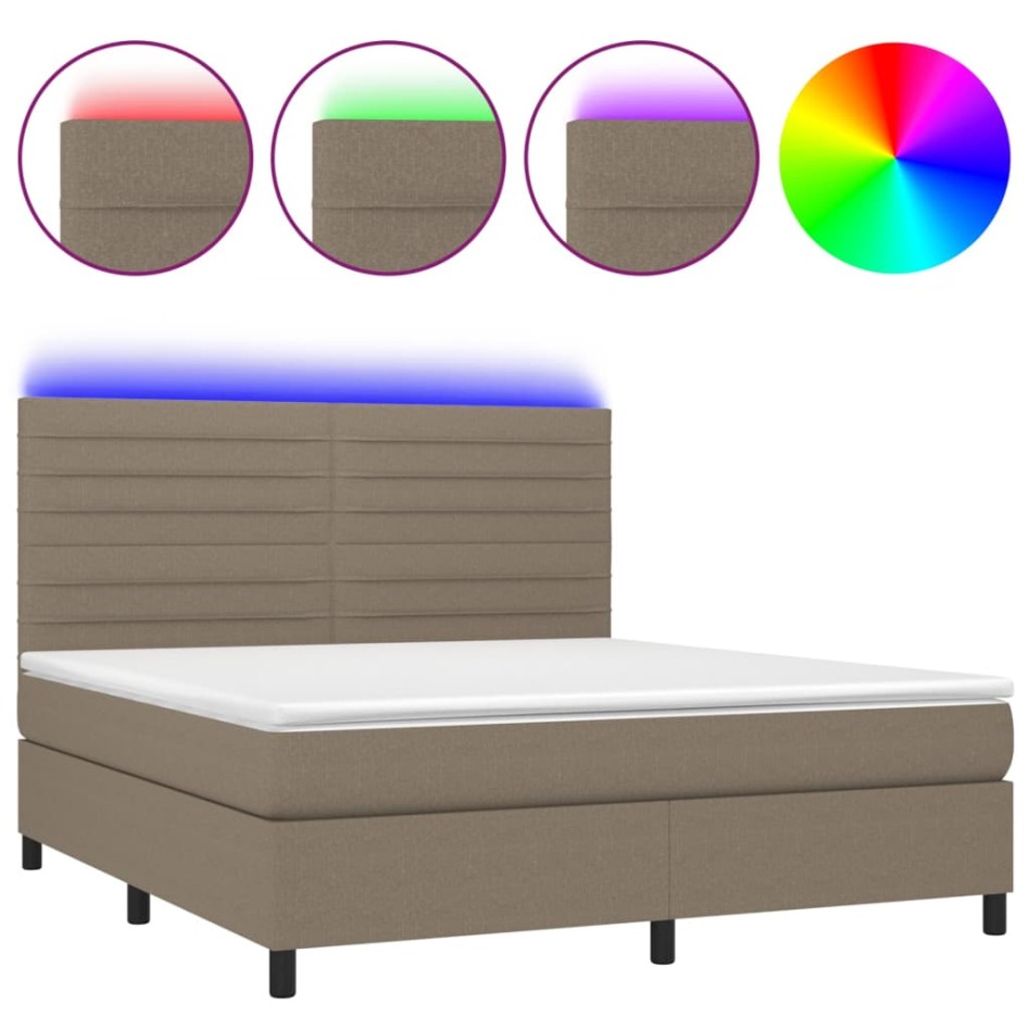 Cama box spring colchón y luces LED tela gris taupe 160x200