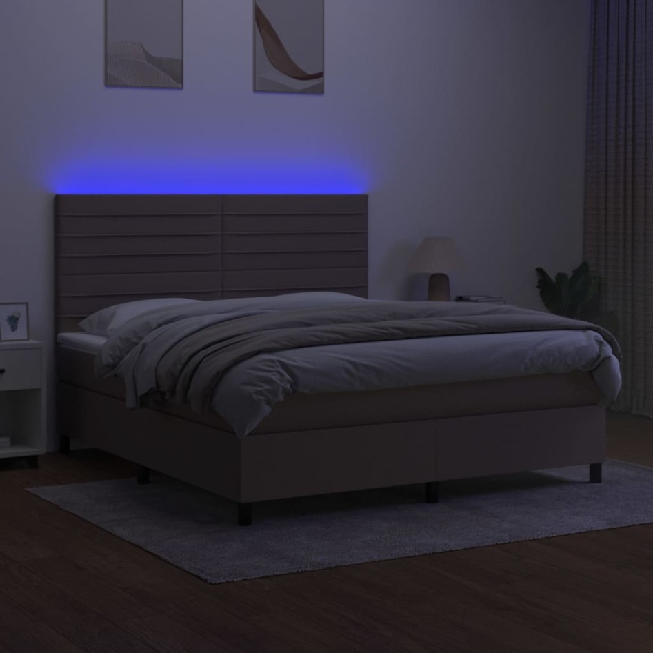 Cama box spring colchón y luces LED tela gris taupe 160x200