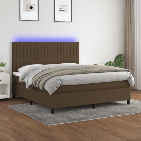 Cama box spring colchón luces LED tela marrón oscuro