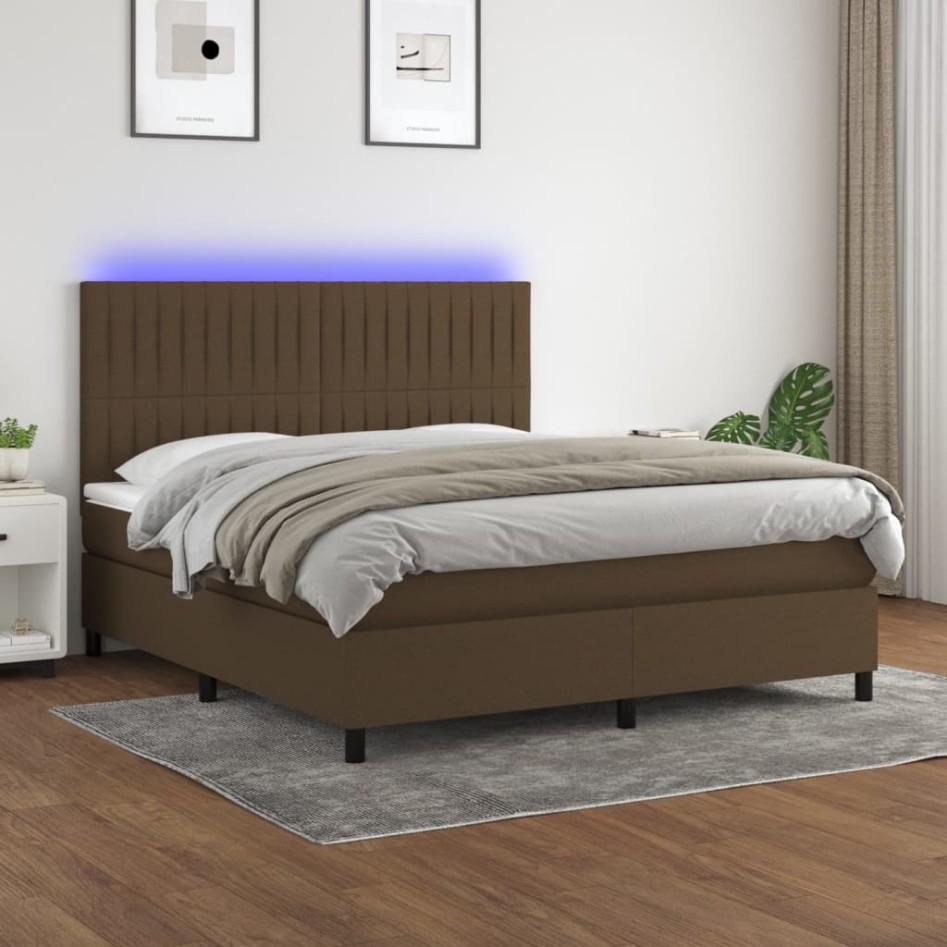 Cama box spring colchón luces LED tela marrón oscuro