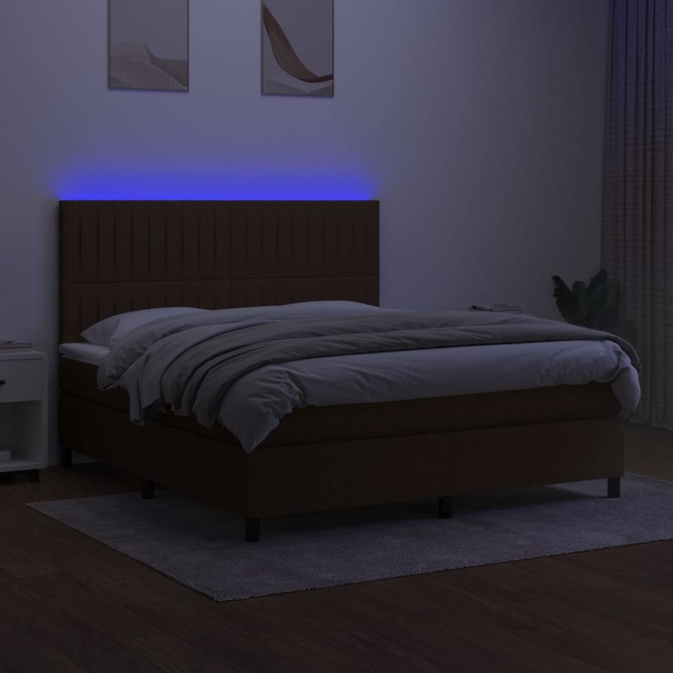 Cama box spring colchón luces LED tela marrón oscuro