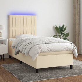 Cama box spring colchón y luces LED tela color crema 90x190