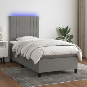 Cama box spring colchón y luces LED tela gris oscuro 100x200
