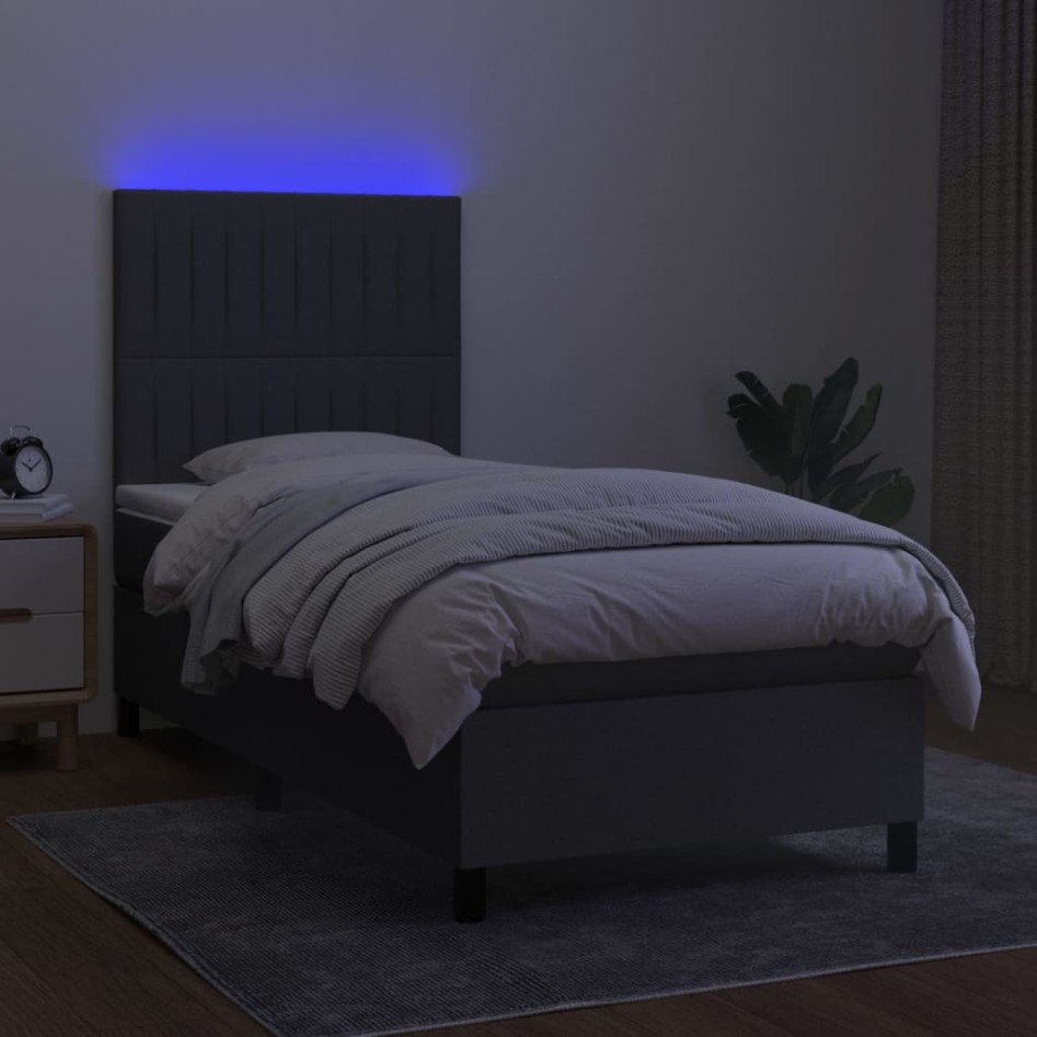 Cama box spring colchón y luces LED tela gris oscuro 100x200