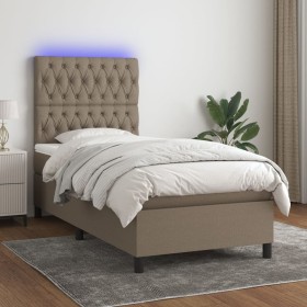 Cama box spring colchón y luces LED tela gris taupe 90x200