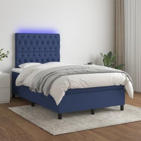 Cama box spring con colchón y LED tela azul 120x200