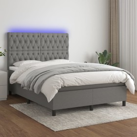 Cama box spring colchón y luces LED tela gris oscuro 140x200