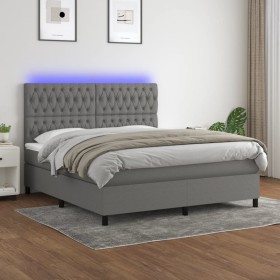 Cama box spring colchón y luces LED tela gris oscuro 160x200