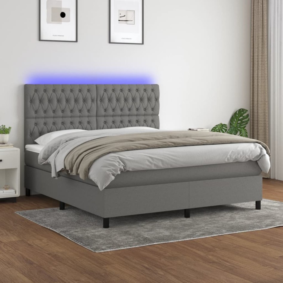 Cama box spring colchón y luces LED tela gris oscuro 160x200