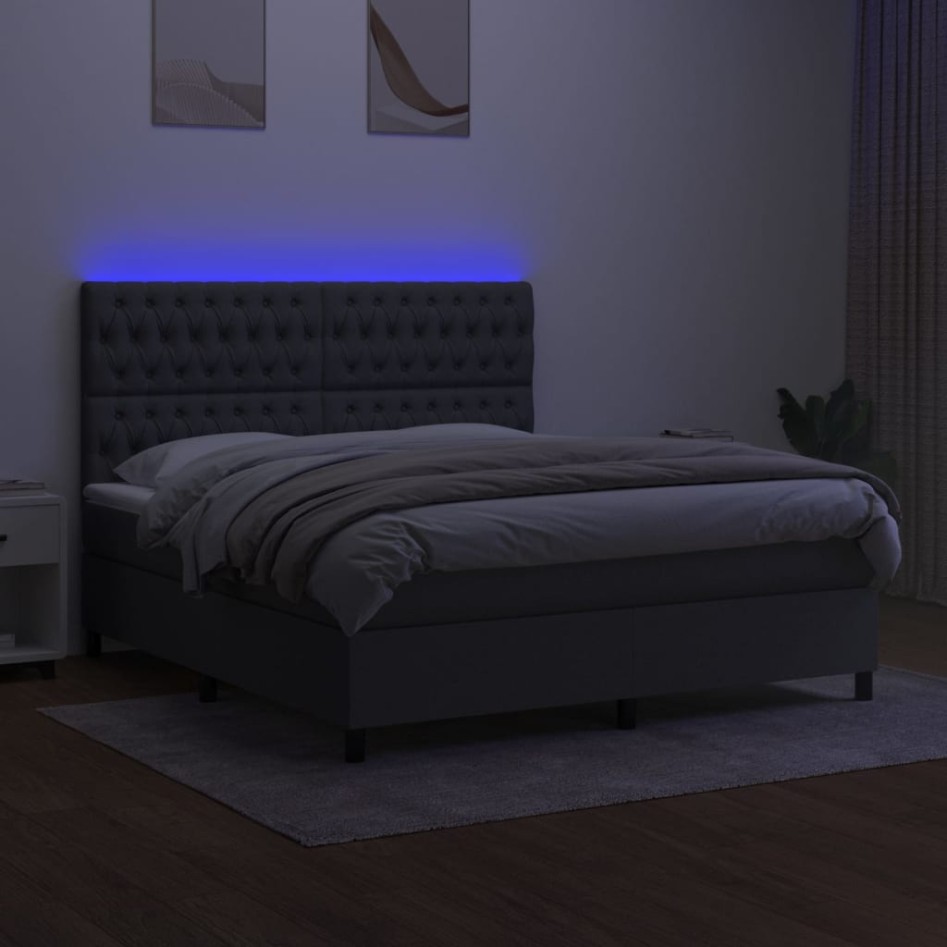 Cama box spring colchón y luces LED tela gris oscuro 160x200