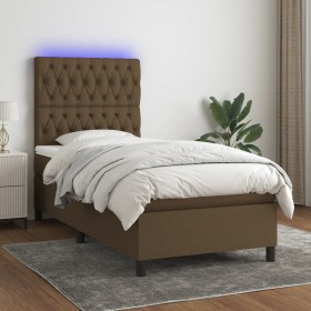 Cama box spring colchón luces LED tela marrón oscuro