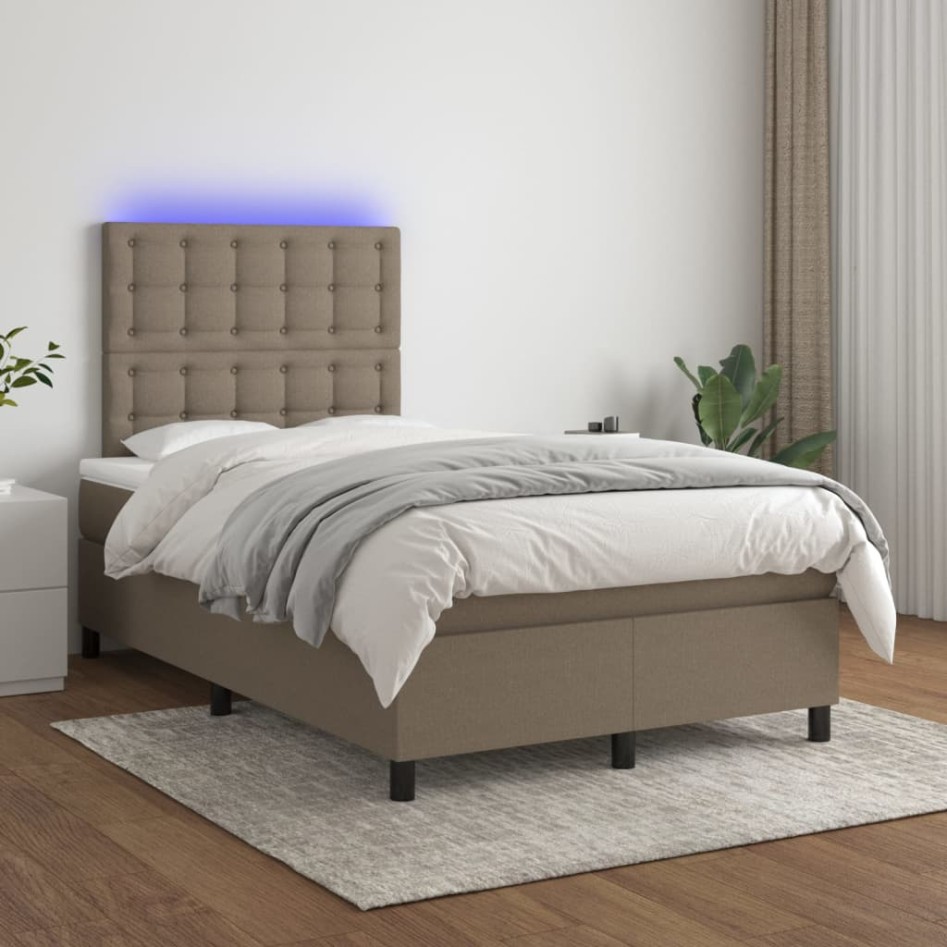Cama box spring con colchón y LED tela gris taupe 120x200