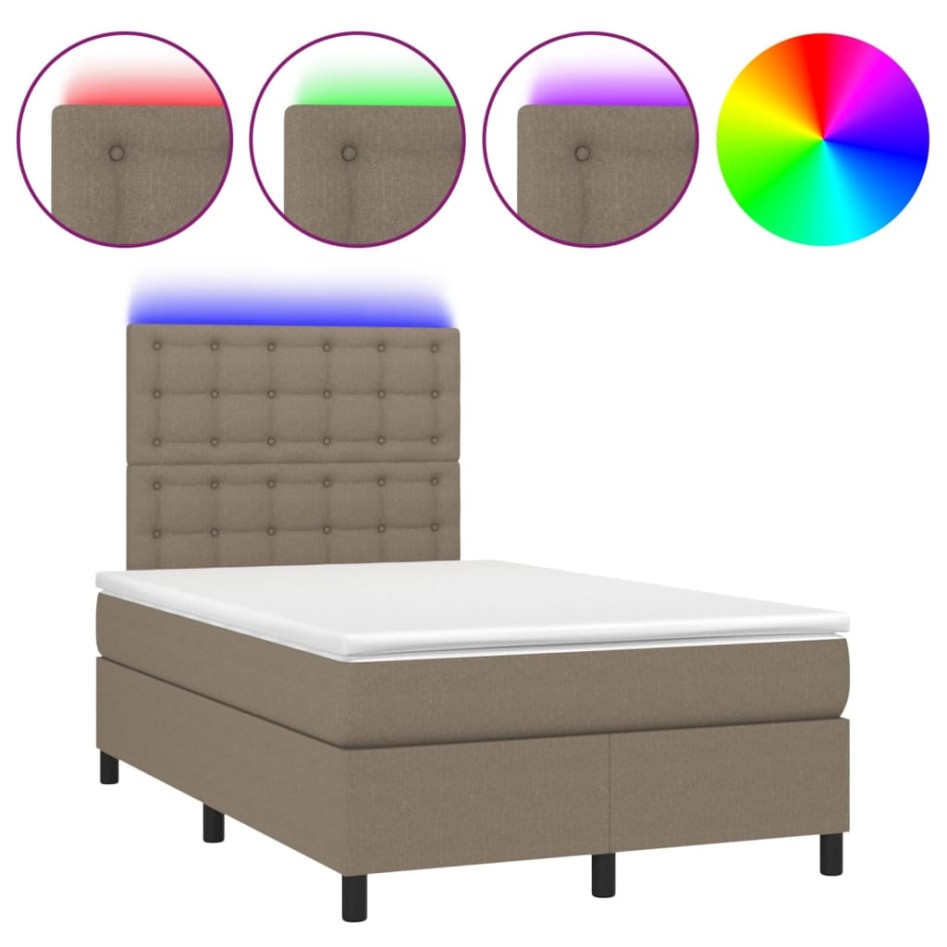 Cama box spring con colchón y LED tela gris taupe 120x200