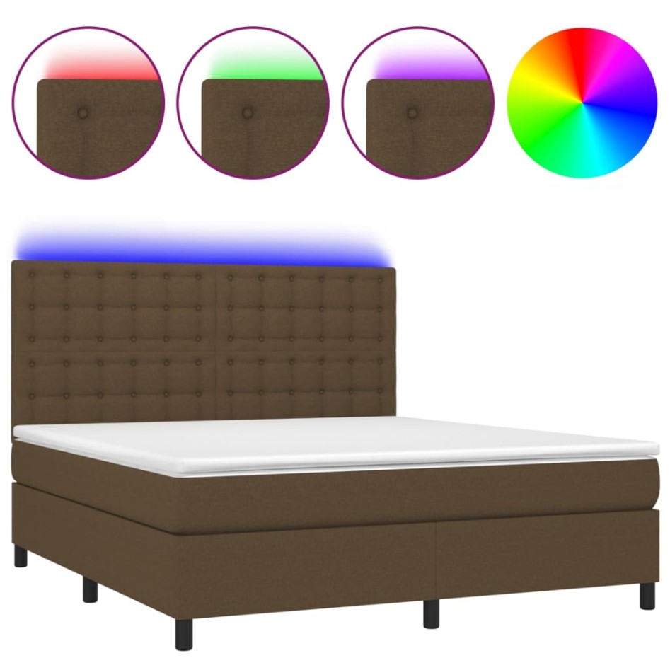 Cama box spring colchón luces LED tela marrón oscuro