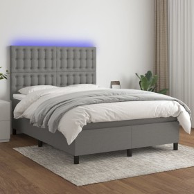 Cama box spring colchón y luces LED tela gris oscuro 140x200