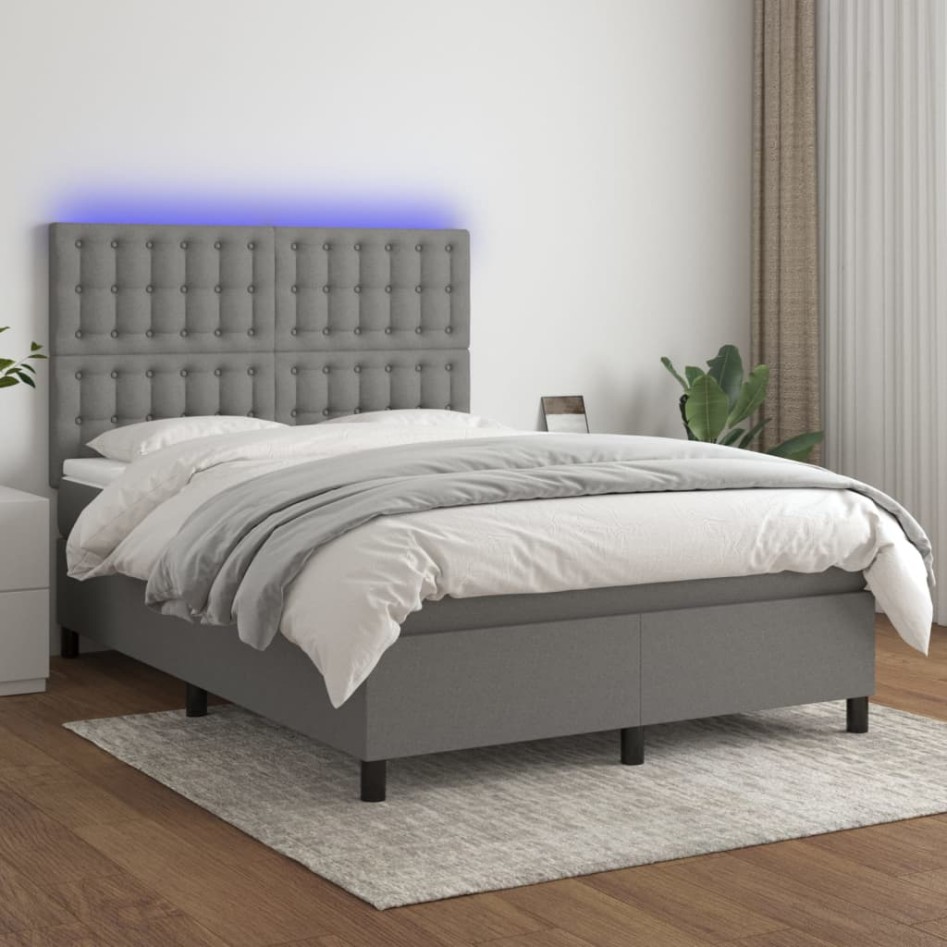 Cama box spring colchón y luces LED tela gris oscuro 140x200