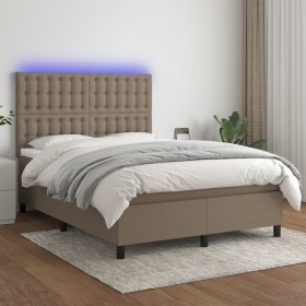 Cama box spring colchón y luces LED tela gris taupe 140x200