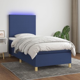 Cama box spring colchón y luces LED tela azul 90x190
