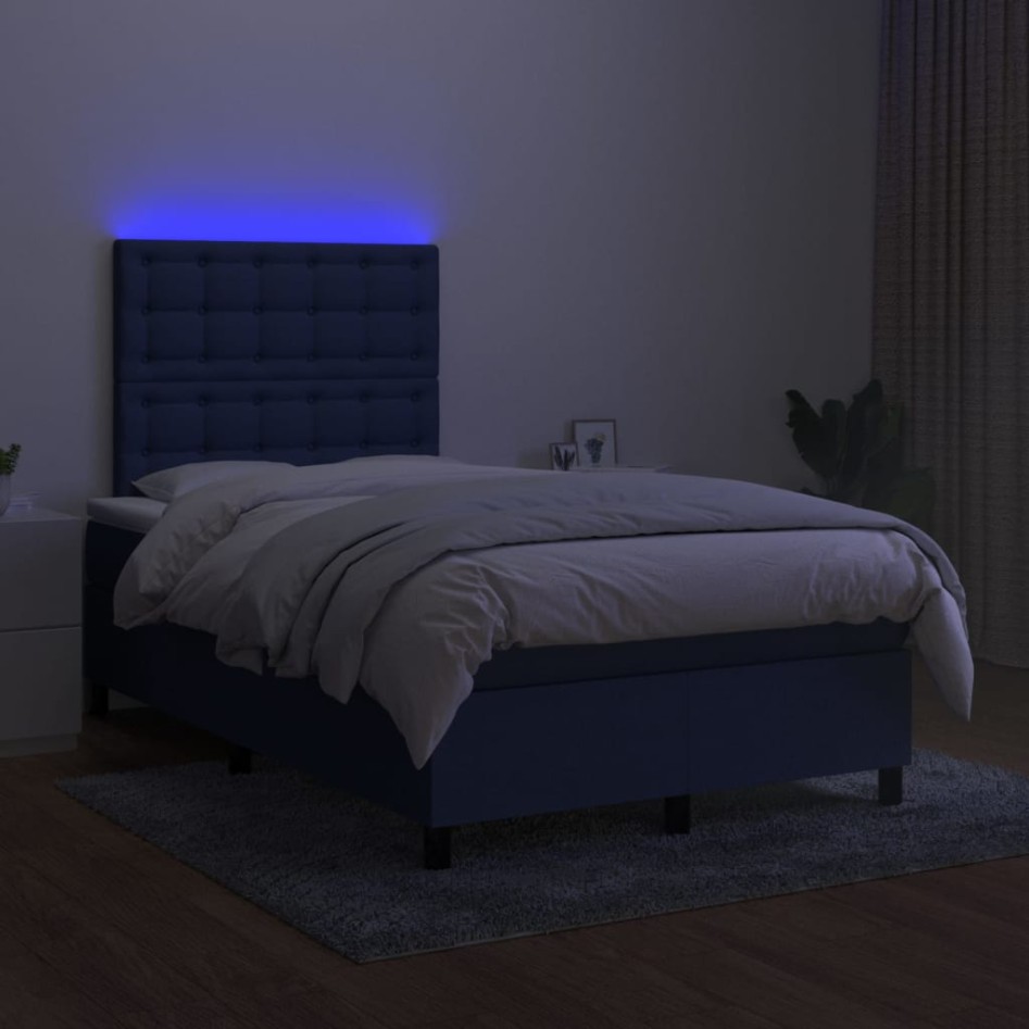Cama box spring con colchón y LED tela azul 120x200